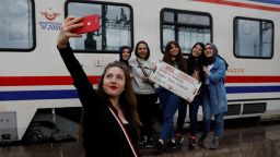 Sibel Uysal, 20, poses for a selfie with her friends before the Eastern Express departs from Ankara province en route from Ankara to Kars, Turkey, April 9, 2018. REUTERS/Umit Bektas  SEARCH "BEKTAS EXPRESS" FOR THIS STORY. SEARCH "WIDER IMAGE" FOR ALL STORIES.