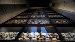 Skulls are displayed at the Choeung Ek memorial of more than 8,000 victims of the Khmer Rouge regime, at a "killing fields" site located on the outskirts of Phnom Penh, Cambodia, January 5, 2019. Picture taken on January 5, 2019. REUTERS/Samrang Pring