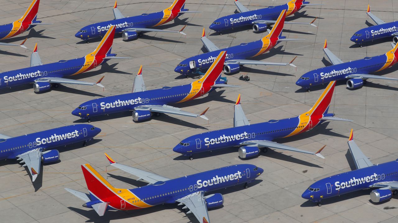 A number of grounded Southwest Airlines Boeing 737 MAX 8 aircraft are shown parked at Victorville Airport in Victorville, California, U.S., March 26, 2019.