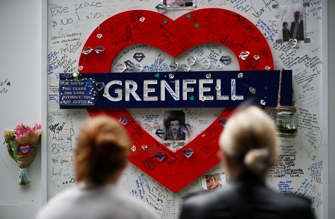 A hoarding covered in messages of condolence at the base of Grenfell Tower.