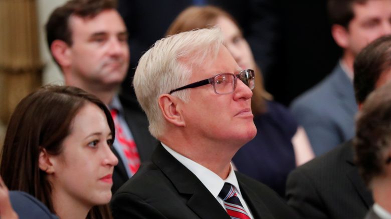 Gateway Pundit publisher Jim Hoft listens as U.S. President Donald Trump speaks during a "social media summit" meeting with prominent conservative social media figures in the East Room of the White House in Washington, U.S., July 11, 2019.