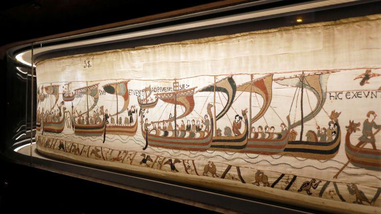 A close-up view of the Bayeux Tapestry, an embroidered cloth which depicts the events leading up to the Norman conquest of England concerning William, Duke of Normandy, and Harold, Earl of Wessex, thought to date to the 11th century, at the Bayeux Museum, France, September 13, 2019.  REUTERS/Charles Platiau