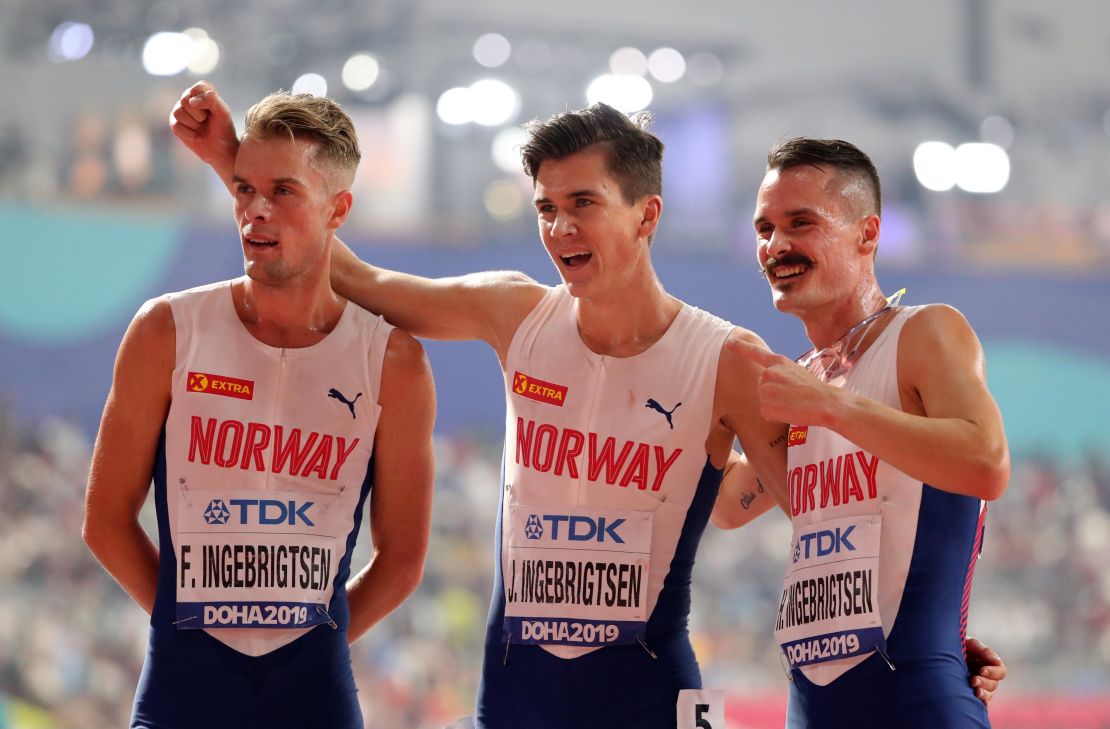 From left to right, Filip, Jakob and Henrik Ingebrigtsen at the 2019 world championships in Doha, Qatar.