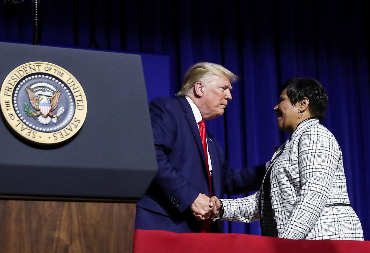Alice Johnson is greeted by US President Donald Trump at Benedict College in Columbia, South Carolina, on October 25, 2019.
