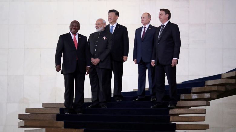 Brazil's Jair Bolsonaro, Russia's Vladimir Putin, China's Xi Jinping, South Africa's Cyril Ramaphosa, and India's Narendra Modi meet during the BRICS summit in Brasilia, Brazil in 2019.