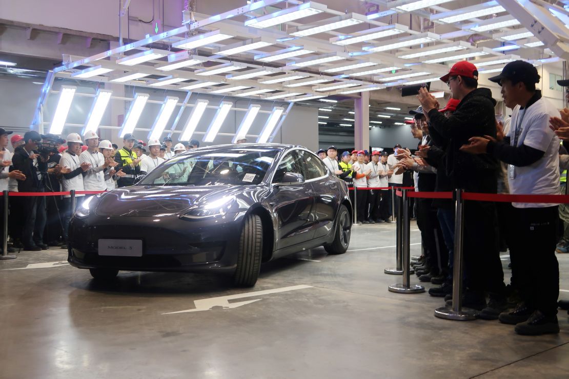 A Tesla Model 3 at a delivery ceremony in Tesla's Shanghai factory<strong> </strong>on December 30, 2019.