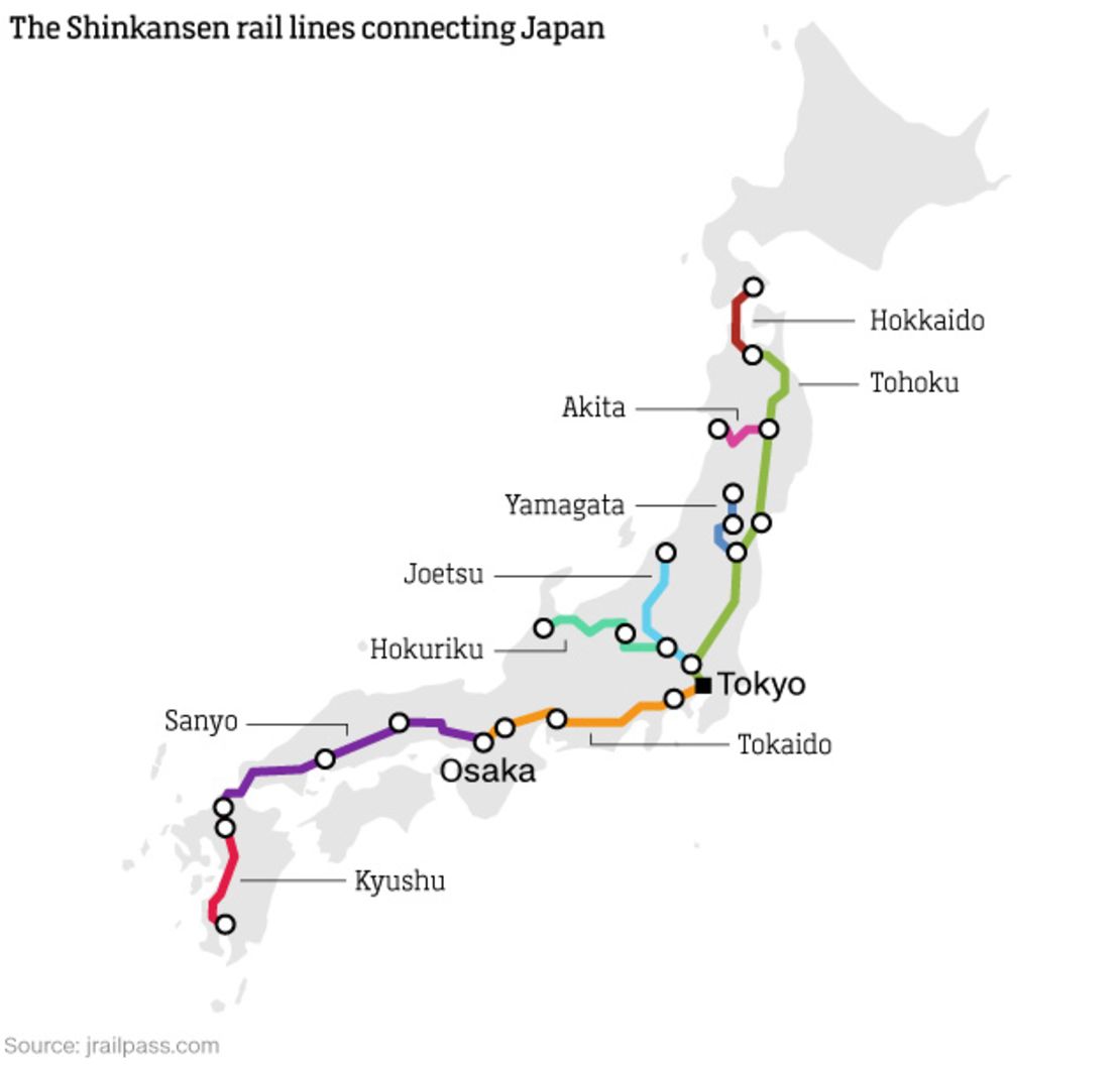 A map of Japan's high-speed rail lines.