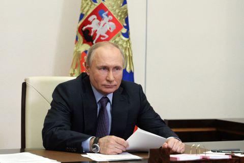 Russian President Vladimir Putin attends an event via video at the Novo-Ogaryovo state residence, outside Moscow, on June 9.