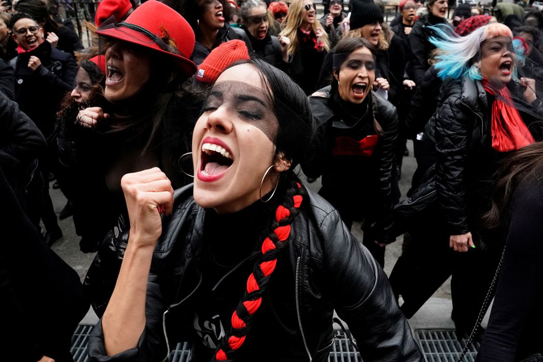 Women hold a protest across the street from the court where producer Harvey Weinstein's ongoing sexual assault trial is held in the Manhattan borough of New York City, January 10, 2020.