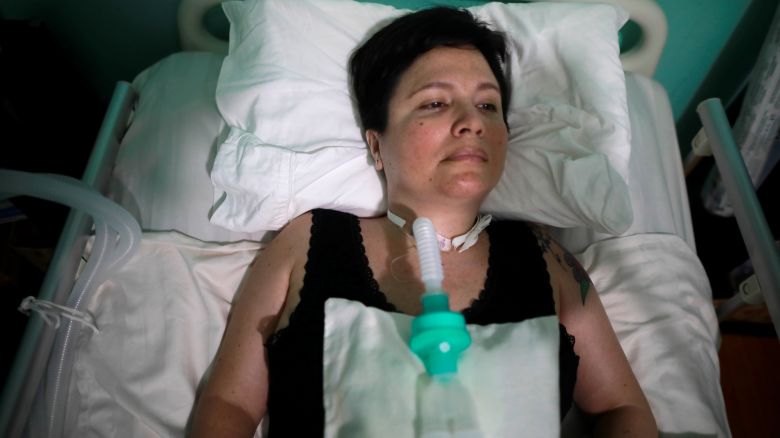Ana Estrada, 43, a euthanasia advocate who suffers from an incurable condition that atrophies her muscles and has left her breathing through a ventilator, lies in bed at her home in Lima, Peru February 7, 2020. Picture taken February 7, 2020. REUTERS/Sebastian Castaneda