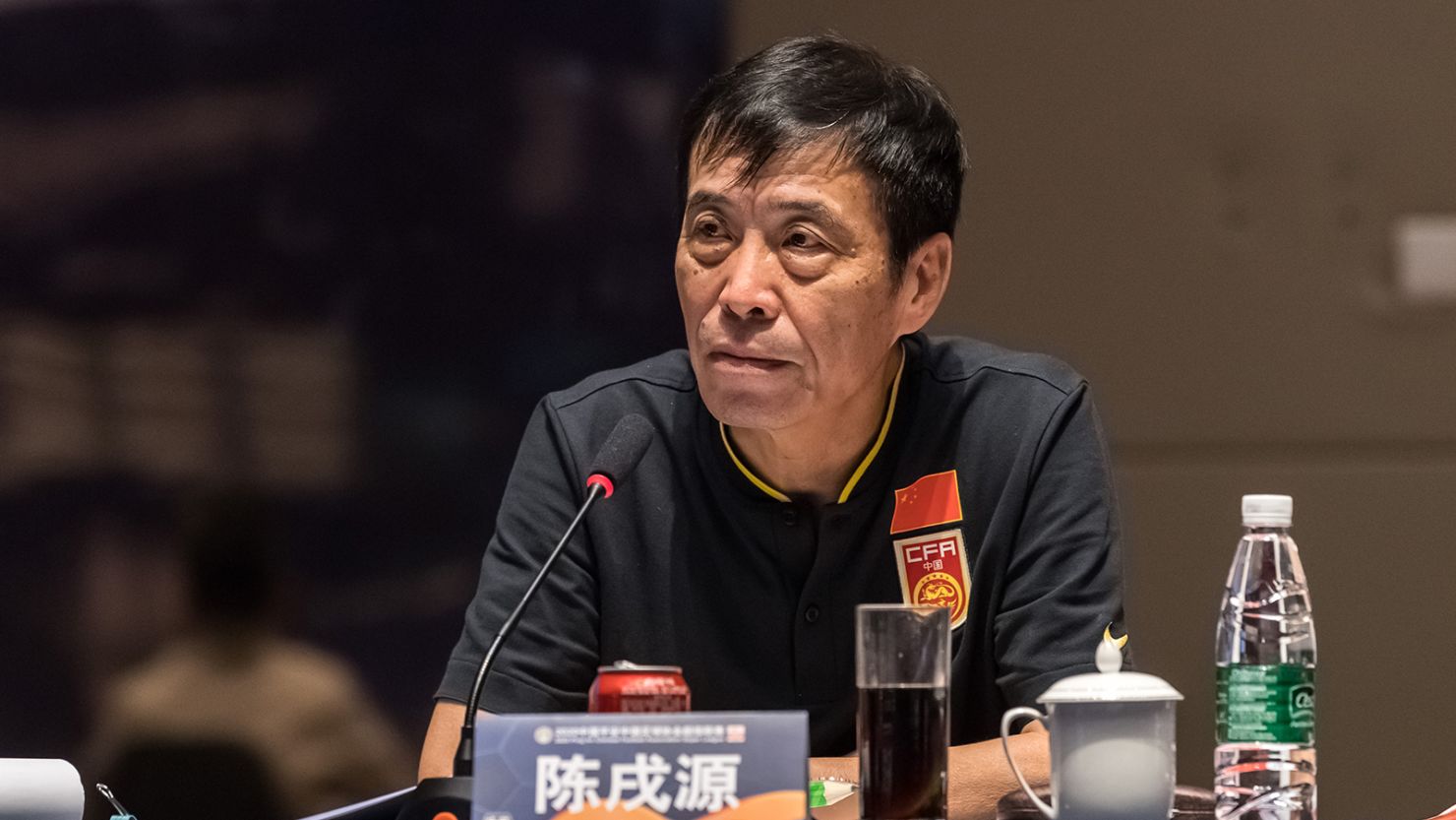 Chen Xuyuan, the president of the Chinese Football Association (CFA), delivers a speech during a soccer conference in China on September 2, 2020.