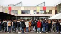 Schoolchildren pay tribute to Samuel Paty, the French teacher who has beheaded on the streets of the Paris suburb of Conflans-Sainte-Honorine, at the Anne Franck college in Plescop, France, November 2, 2020. REUTERS/Stephane Mahe