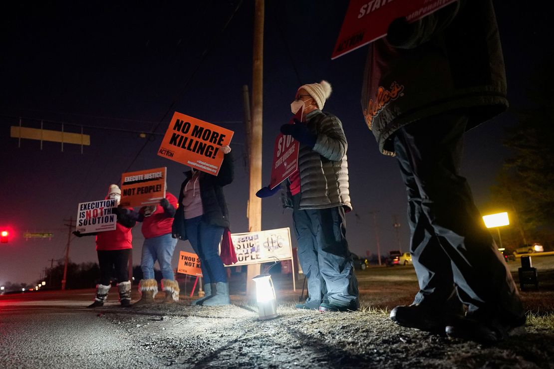 Anti-death penalty activists protest the execution of Lisa Montgomery in January 2021 at the US Penitentiary in Terre Haute, Indiana.