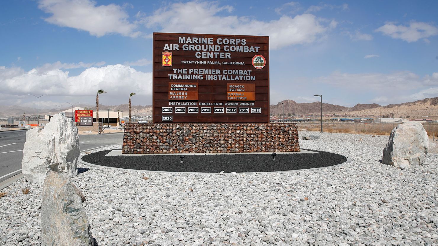 The entrance to US Marine Corps Air Ground Combat Center in Twentynine-Palms, California, on March 10, 2021.