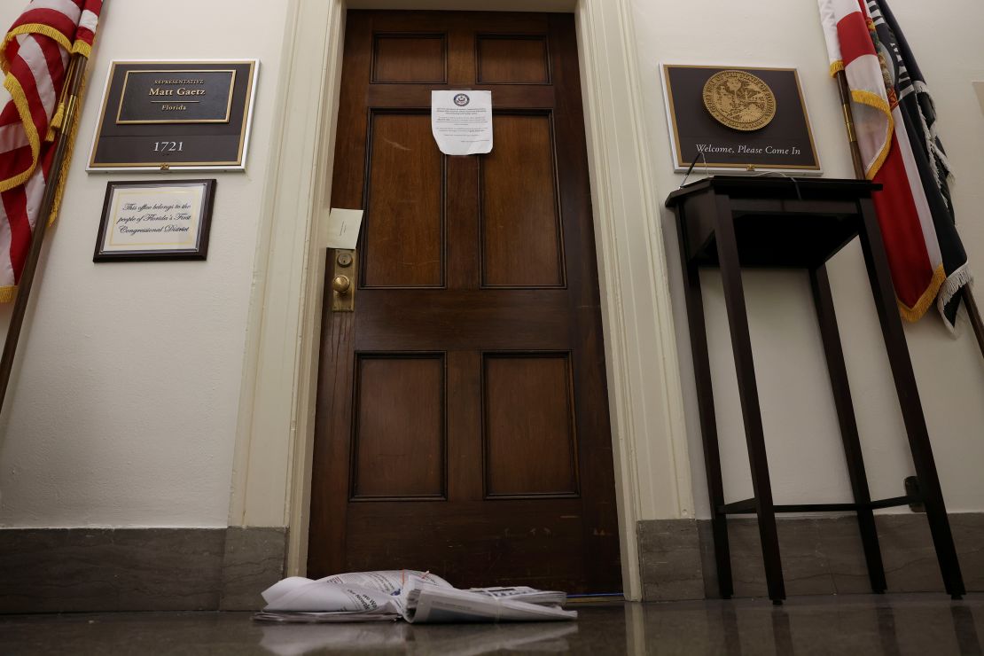 The closed office of Rep. Matt Gaetz is seen on Capitol Hill in Washington, DC on April 14, 2021.