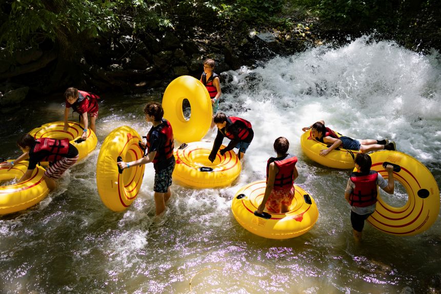 Students go river tubing along the Shenandoah River in Millville, West Virginia.