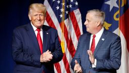 Former U.S. President Donald Trump is introduced by North Carolina Republican Party chairman Michael Whatley before speaking at the North Carolina GOP convention dinner in Greenville, North Carolina, on June 5, 2021.