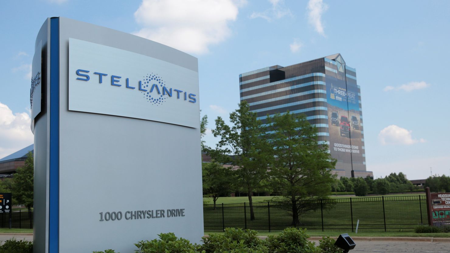 A Stellantis sign outside its headquarters in Auburn Hills, Michigan, June 10, 2021.