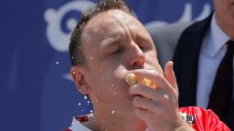 Joey Chestnut competes during Nathan's Famous Fourth of July Hot Dog-Eating Contest held at Maimonides Park in New York City, New York, U.S., July 4, 2021.