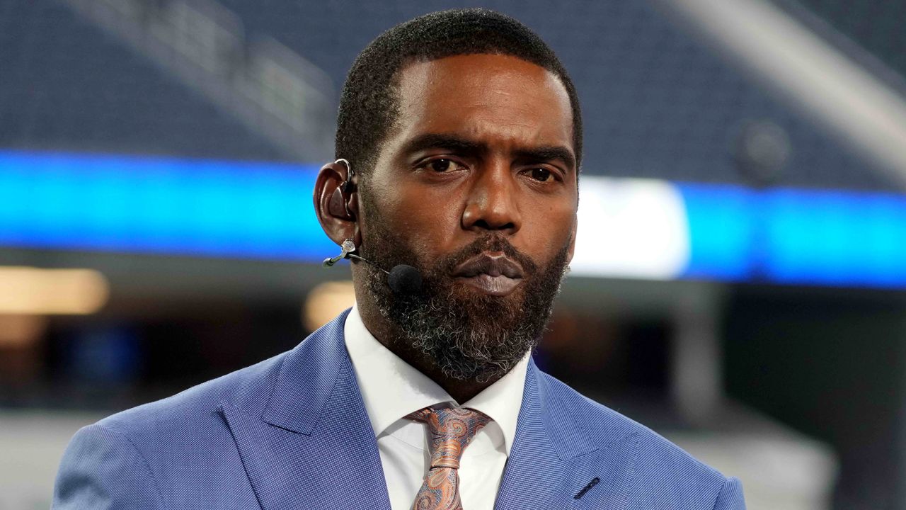 Jan 17, 2022; Inglewood, California, USA; Randy Moss on the ESPN Monday Night Countdown set before a NFC Wild Card playoff football game between the Los Angeles Rams and the Arizona Cardinals at SoFi Stadium. Mandatory Credit: Kirby Lee-USA TODAY Sports