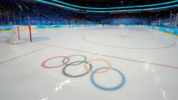 Feb 3, 2022; Beijing, China; A general view of the Olympic rings on the ice surface between periods in a women's ice hockey Group A match between USA and Finland during the Beijing 2022 Olympic Winter Games at Wukesong Sports Centre. Mandatory Credit: Michael Madrid-USA TODAY Sports