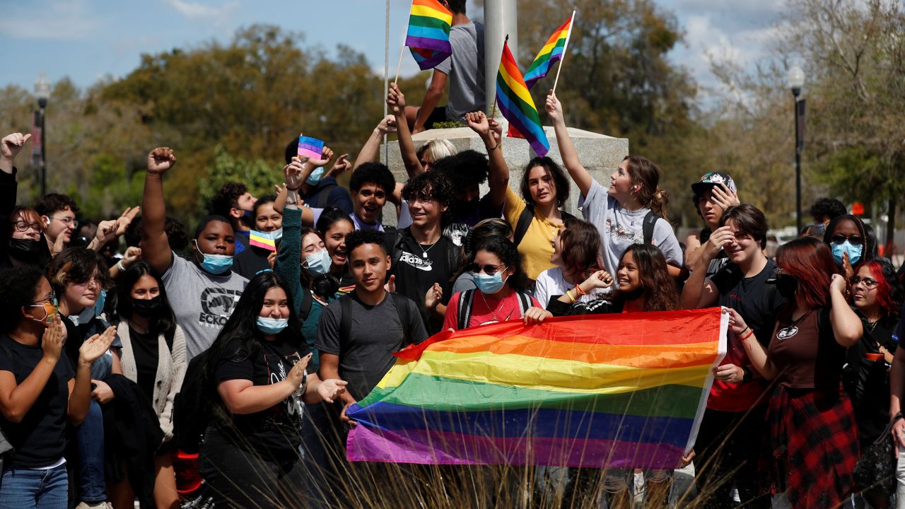 Hillsborough High School students protest a Republican-backed bill sdubbed the "Don't Say Gay" that would prohibit classroom discussion of sexual orientation and gender identity, a measure Democrats denounced as being anti-LGBTQ, in Tampa, Florida, U.S., March 3, 2022. REUTERS/Octavio Jones