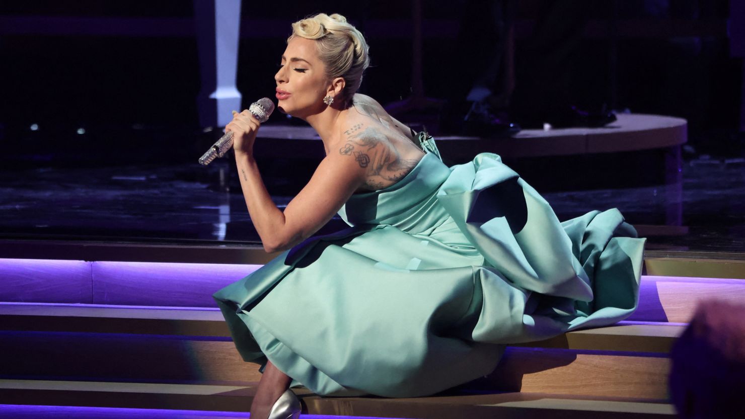 Lady Gaga performing at the 2022 Grammy Awards in Las Vegas.