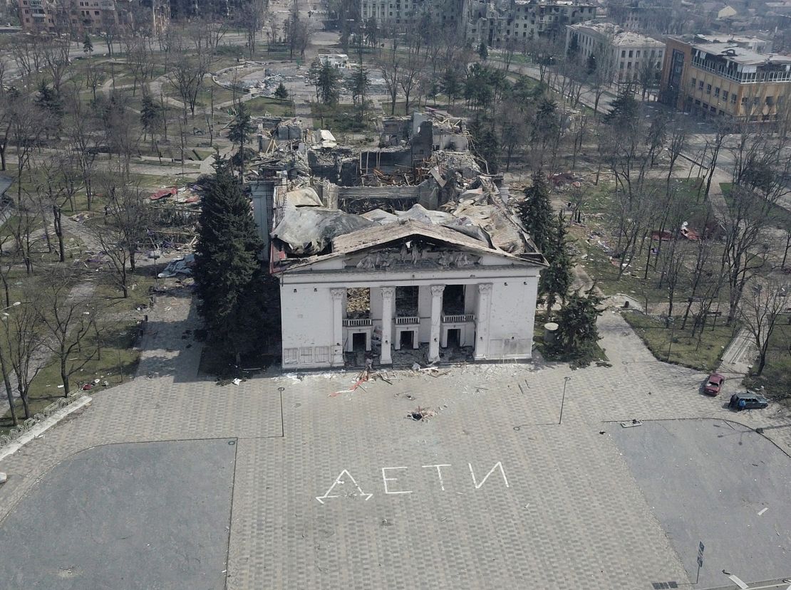 A view shows the building of the Mariupol Drama Theater destroyed in the course of Ukraine-Russia conflict.