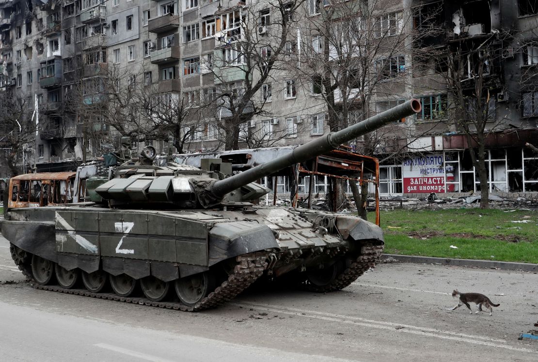 A Russian tank in Mariupol in April 2022, during the peak of the fighting around the city.
