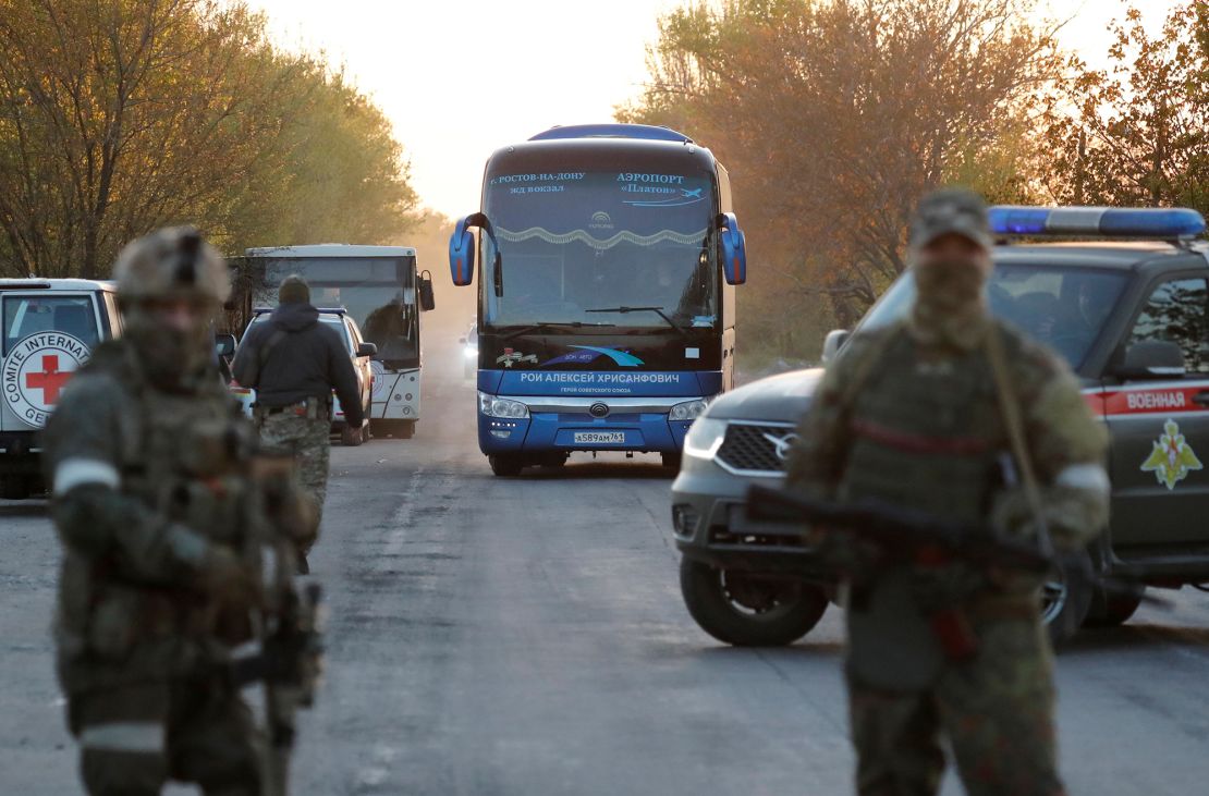 A bus carrying civilians evacuated from Azovstal steelworks plant in Mariupol arrives in the village of Bezimenne, in the Donetsk region, on May 6, 2022.