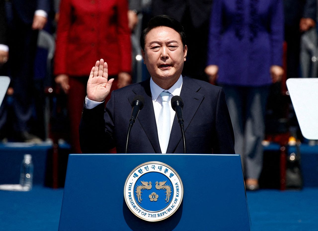 South Korean President Yoon Suk-yeol takes an oath during his inauguration in front of the National Assembly in Seoul, South Korea, on May 10, 2022.