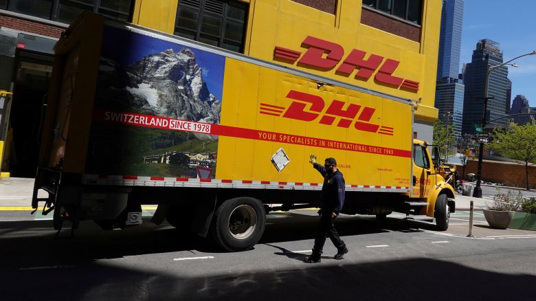A truck parks at a DHL delivery facility in Manhattan, New York, in 2022.