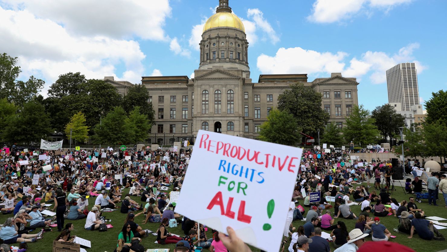 Abortion rights protesters participate in nationwide demonstrations following the leaked Supreme Court opinion suggesting the possibility of overturning the Roe v. Wade abortion rights decision, in Atlanta, Georgia, on May 14, 2022. Abortion rights protesters participate in nationwide demonstrations following the leaked Supreme Court opinion suggesting the possibility of overturning the Roe v. Wade abortion rights decision, in Atlanta, Georgia, on May 14, 2022.