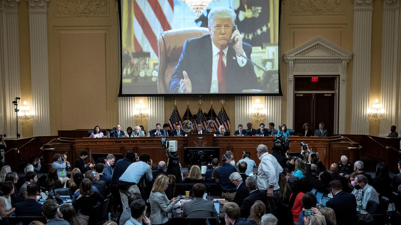 In this June 2022 photo, an image of former President Donald Trump is displayed during the third hearing of the House Select Committee to Investigate the January 6th Attack on the US Capitol in Washington, DC.
