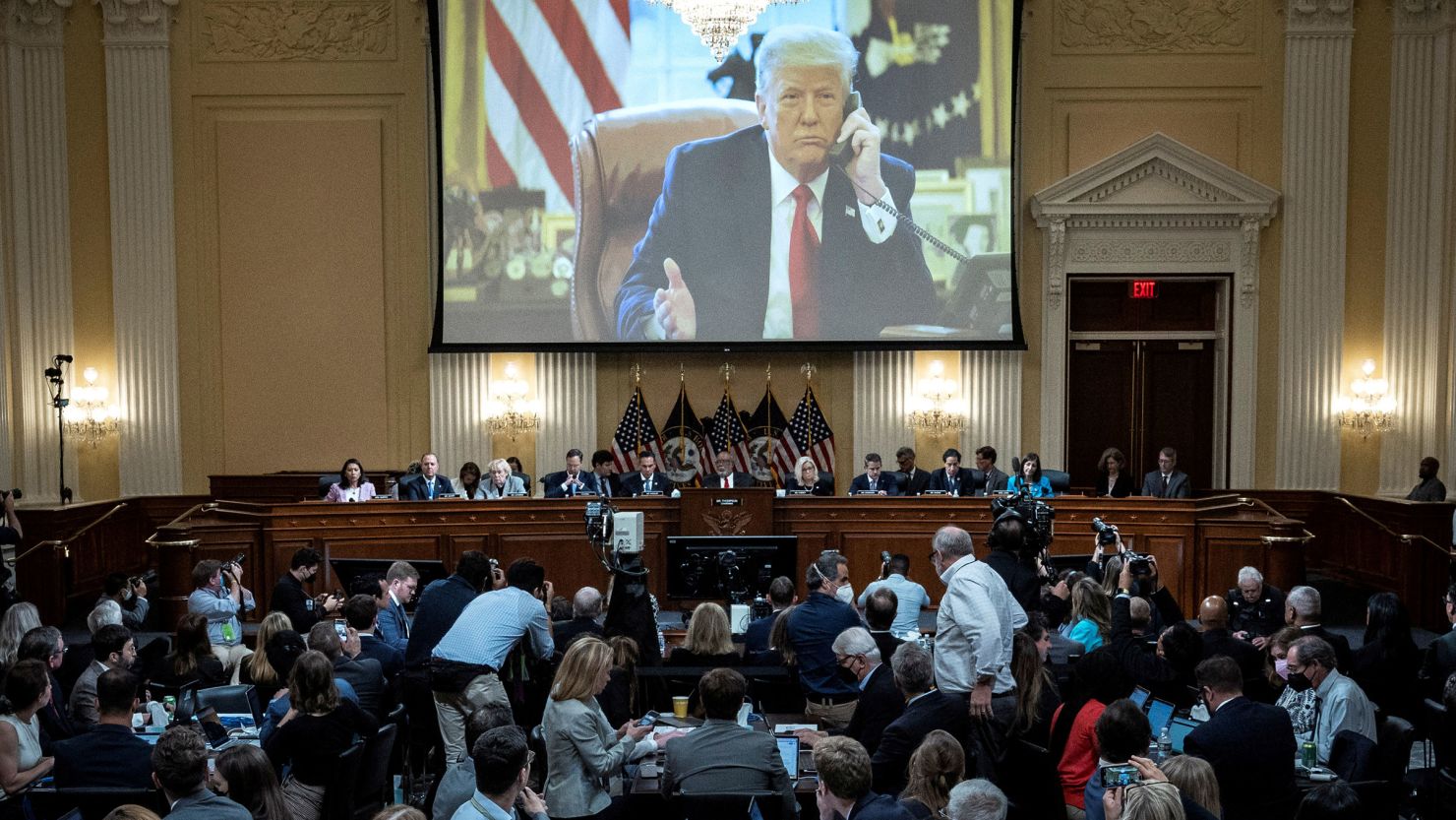 In this June 2022 photo, an image of former President Donald Trump is displayed during the third hearing of the House Select Committee to Investigate the January 6 Attack on the US Capitol in Washington, DC.