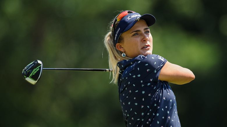 Jun 26, 2022; Bethesda, Maryland, USA; Lexi Thompson plays her shot from the fifth tee during the final round of the KPMG Women's PGA Championship golf tournament at Congressional Country Club. Mandatory Credit: Scott Taetsch-USA TODAY Sports