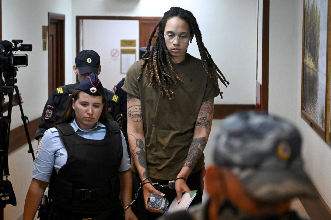 Griner is escorted to a court hearing in Khimki outside Moscow in August 2022.