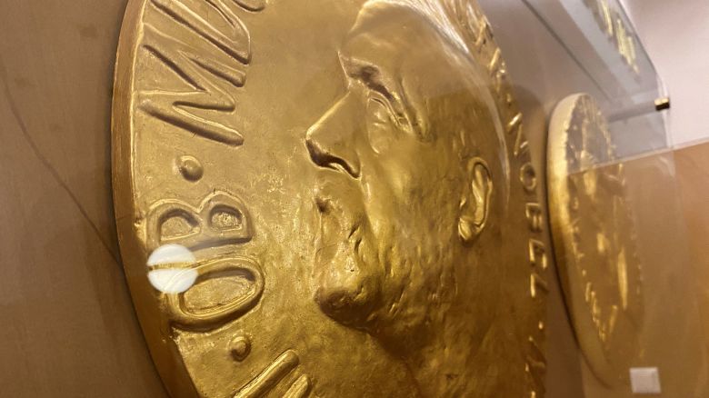 A Nobel Prize medal replica is on display inside the Norwegian Nobel Institute in Oslo, Norway September 19, 2022.