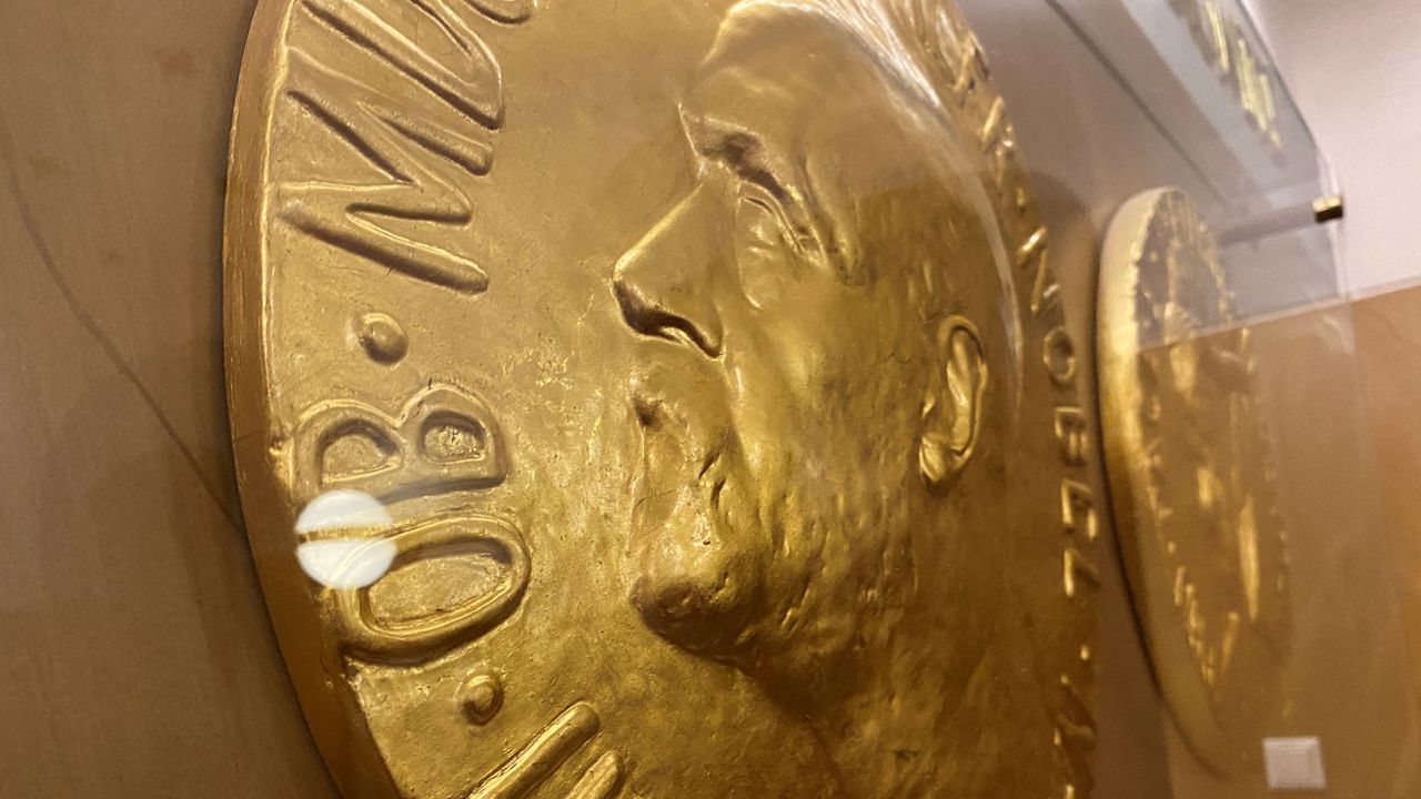 A Nobel Prize medal replica is on display inside the Norwegian Nobel Institute in Oslo, Norway September 19, 2022.