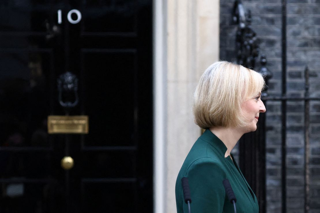 Liz Truss seen after delivering a speech on her last day as British Prime Minister, outside Number 10 Downing Street in London in 2022.