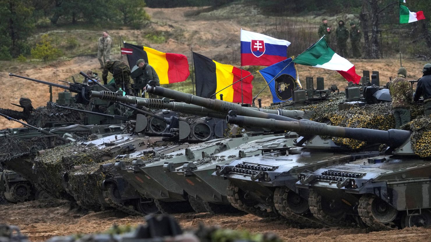 Tanks and military vehicles during a live fire exercise in Adazi, Latvia on November 15, 2022.