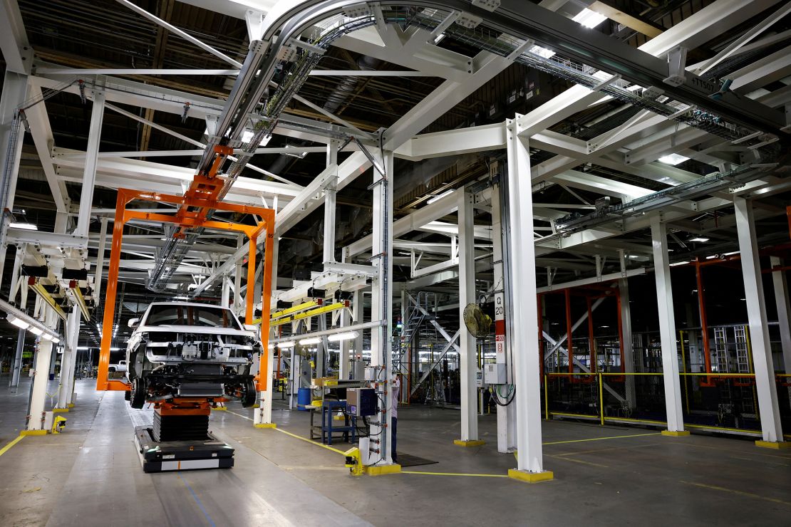 An unfinished Lordstown Motors Endurance electric pick-up truck is seen on the assembly line at Foxconn's electric vehicle production facility in Lordstown, Ohio, U.S. November 30, 2022.