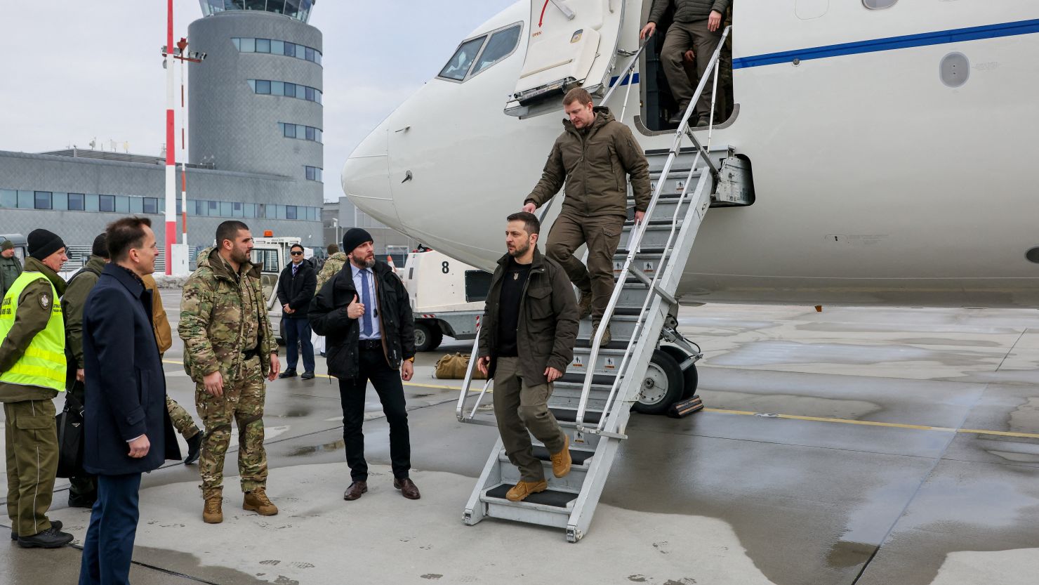 Ukrainian President Volodymyr Zelensky arrives at Rzeszow-Jasionka Airport in Poland, December 22, 2022.