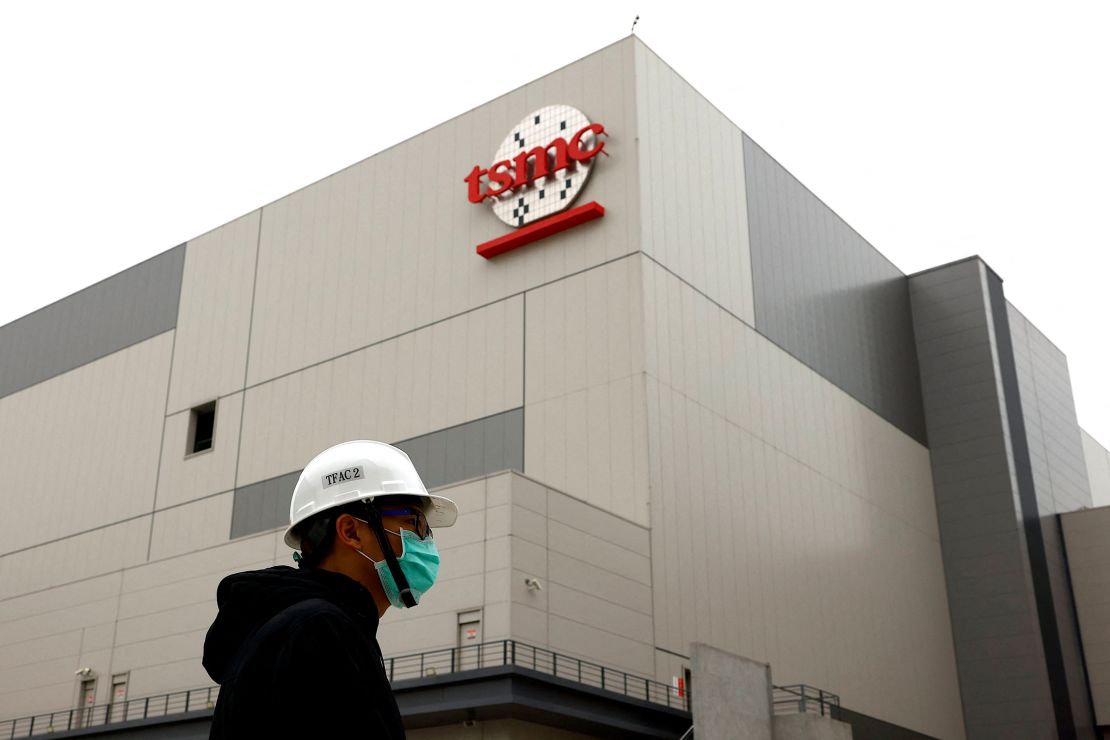 A logo of Taiwanese chip giant TSMC is seen at southern Taiwan science park in Tainan, Taiwan on December 29, 2022.