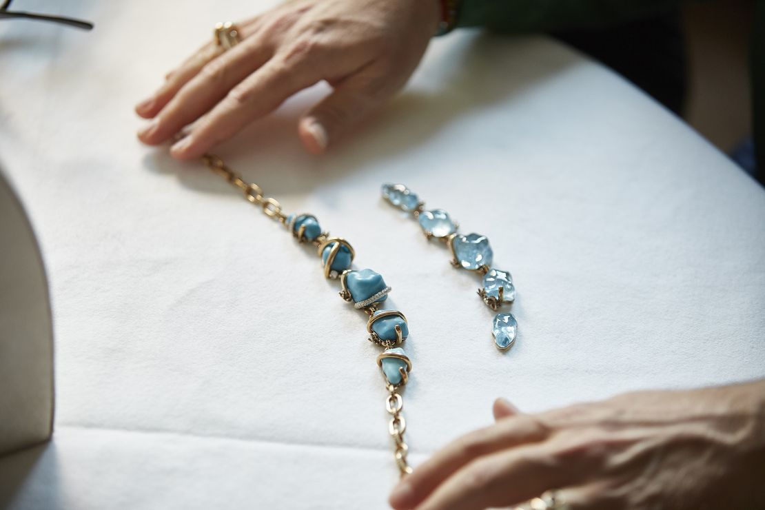 A light blue rivière necklace designed by jewelry label Pomellato.