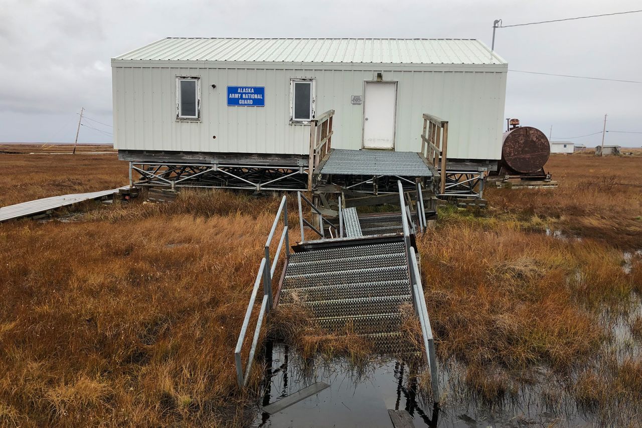 Buildings in Nunapitchuk, Alaska, are sinking as a result of thawing permafrost.  (Sue Natali, Woodwell Climate Research
Center) - (The community has little solid land to build on.  (Sue Natali, Woodwell Climate Research
Center))