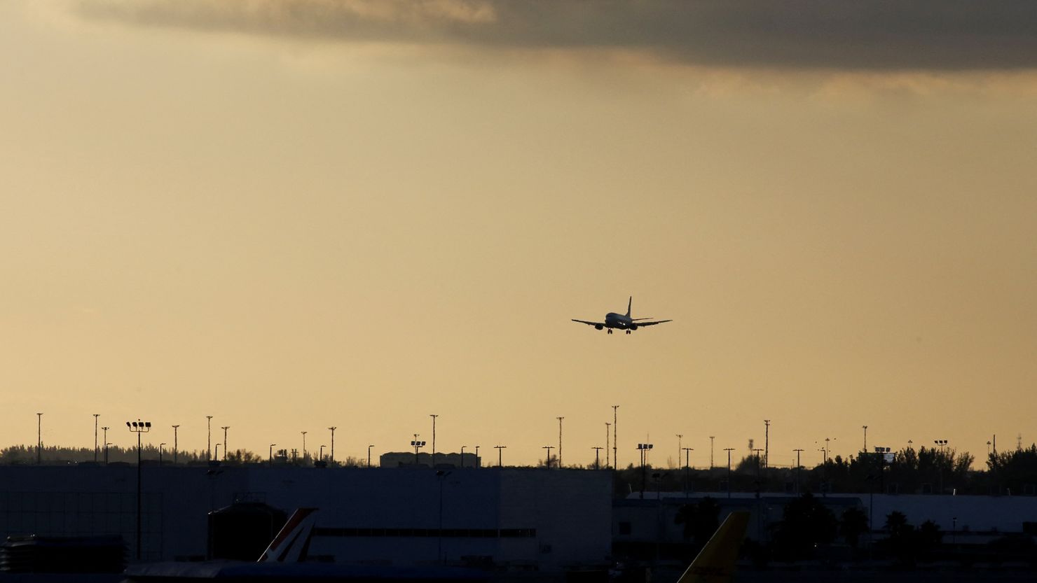 An aircraft approaches to land at Miami International Airport.