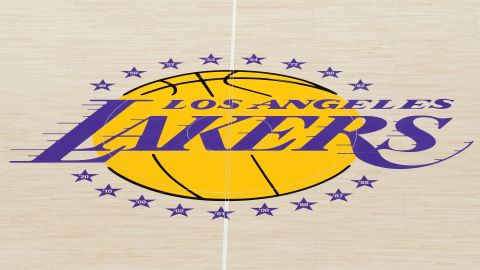 Jan 18, 2023; Los Angeles, California, USA; The Los Angeles Lakers logo at midcourt at Crypto.com Arena. Mandatory Credit: Kirby Lee-USA TODAY Sports