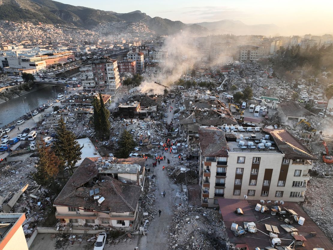 The aftermath of a deadly earthquake in Hatay, Turkey, is seen on February 9, 2023.