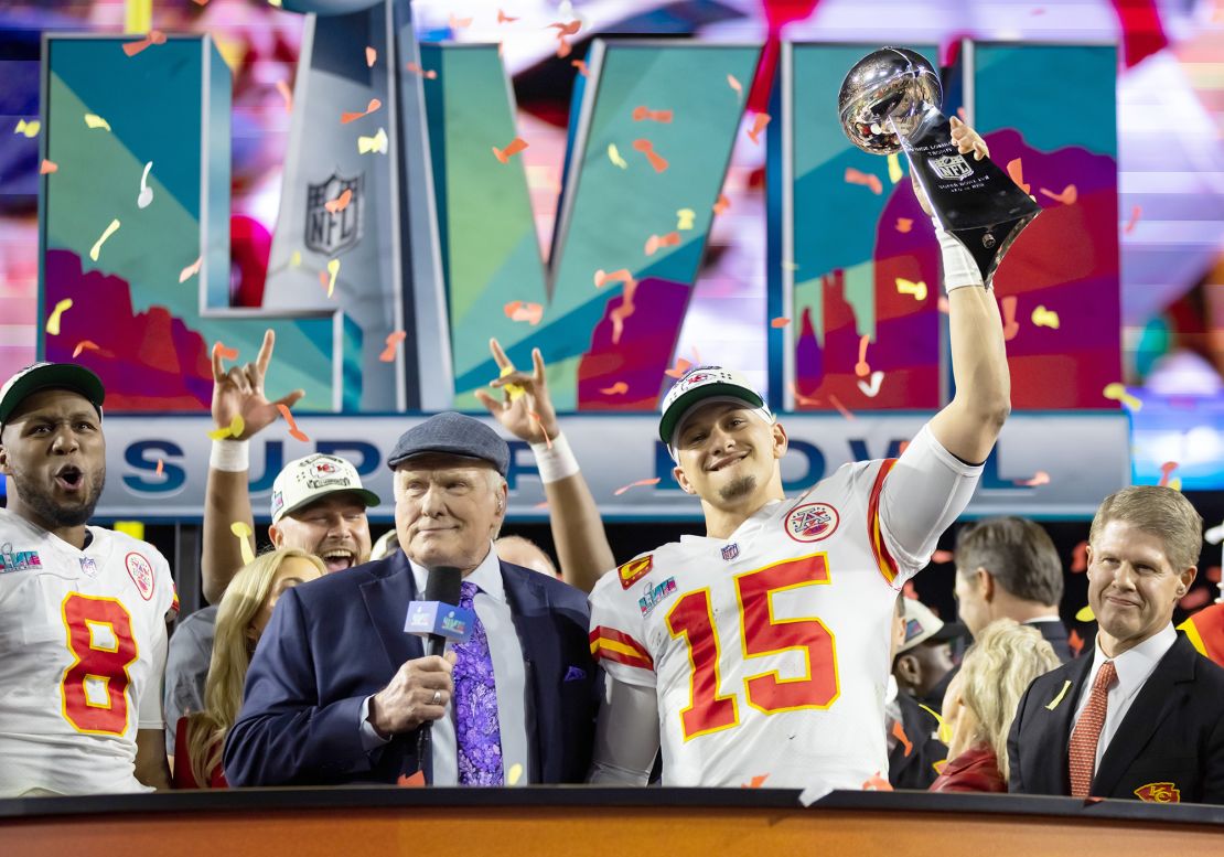 Kansas City Chiefs quarterback Patrick Mahomes (right) celebrating last year's Super Bowl win with Fox host Terry Bradshaw.